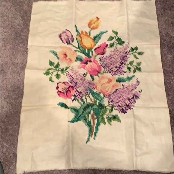 HANDMADE CROSS-STITCH PURPLE GREEN  FLORAL - Picture 3 of 3